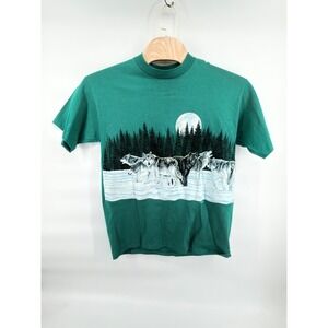 Vintage 90s Signal Sports Wolf Full Moon T Shirt Mens L Teal Wrap Around Print